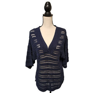 IZOD Sweater Blue Mesh Open Knit Women Size S/P Short Sleeve V-neck Oversized